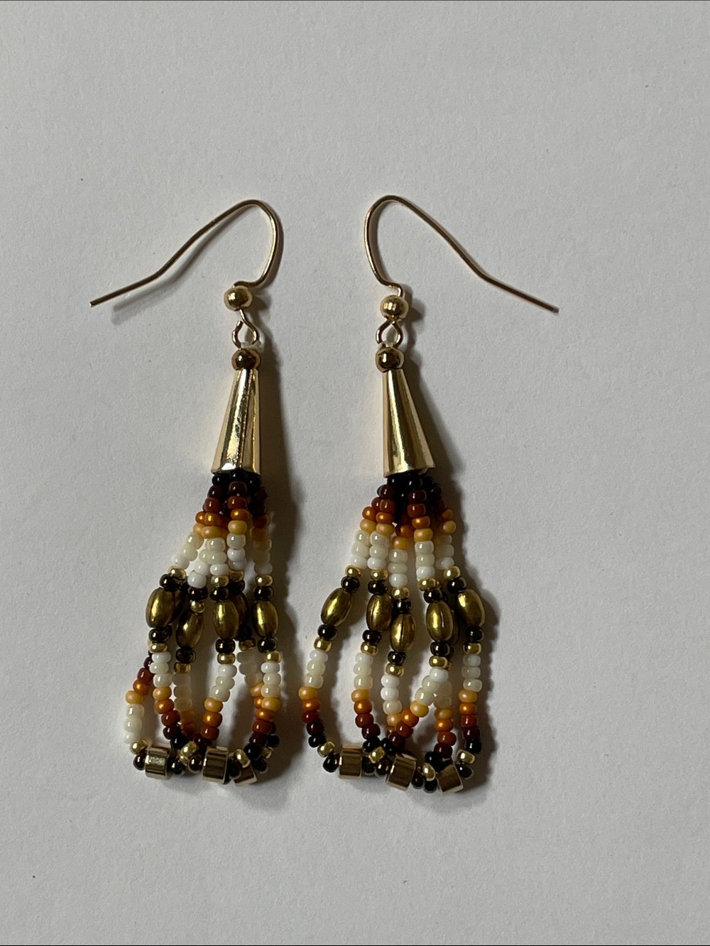 Brass, Brown, and White Beaded Tassel Drop Earrings